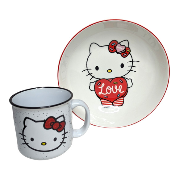 Hello Kitty Ceramic Large Serving Bowl & Mug Dish Set Hearts Red & White NEW - Picture 1 of 7